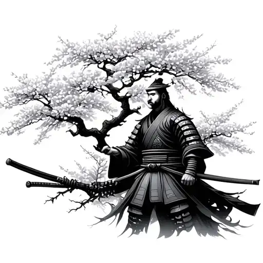 Samurai Warrior Infront Of Blossom Tree Growing