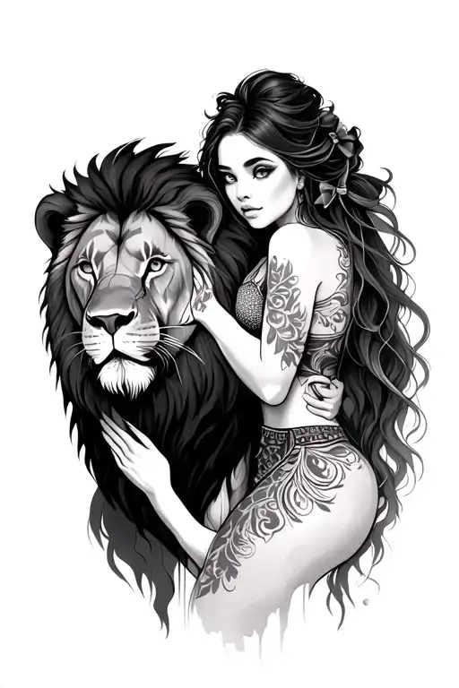 Woman With Long Hair With Bow Hugging A Large Lion With Dark Mane