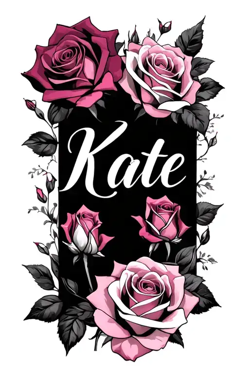 The Name Kate In Cursive Surrounded By Roses That Are Pink