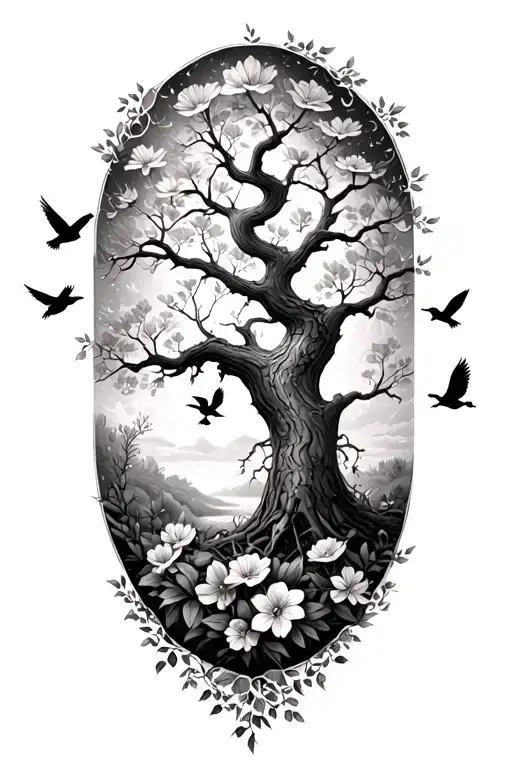 Family Tree With Flowers And Birds Flying