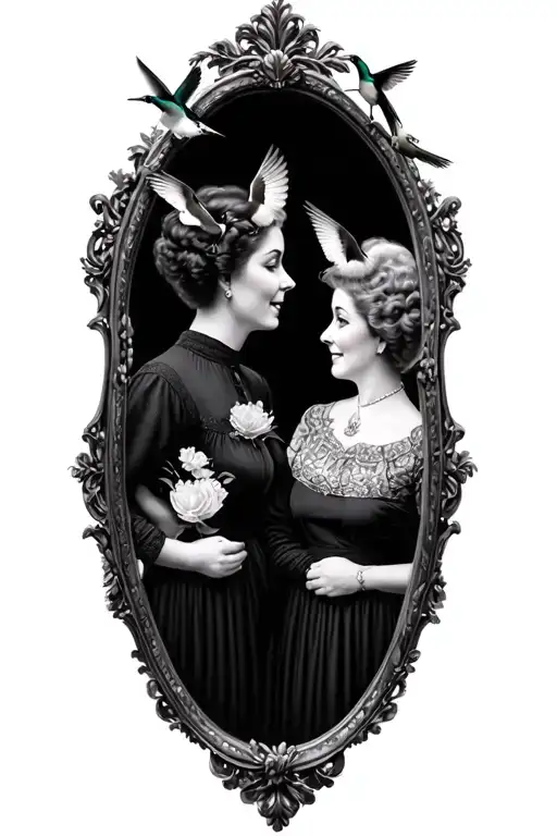 Me Looking At Two Of My Grandmas In An Antique Mirror With Humming Birds Wanting To Look Up To Them