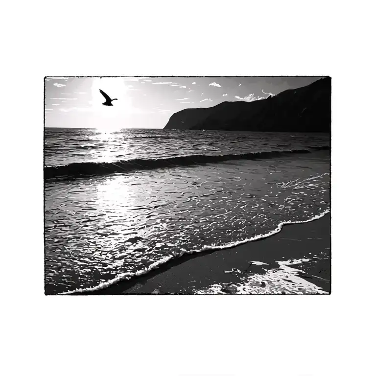 Polaroid Photo Of A Sea Shore With A Bird Flying In The Distance