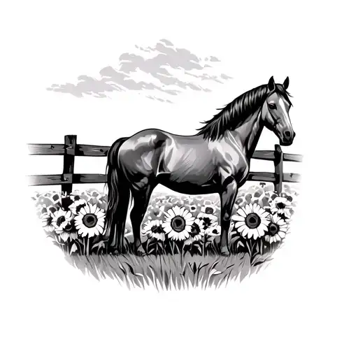 A Horse Standing Behind A Old Fence In A Field Of Sunflowers