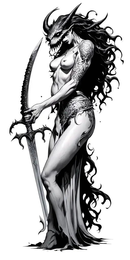 Woman Stabbing Demon With Sword