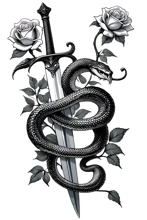 Snake Wrapped Around Sword With Roses In The Background