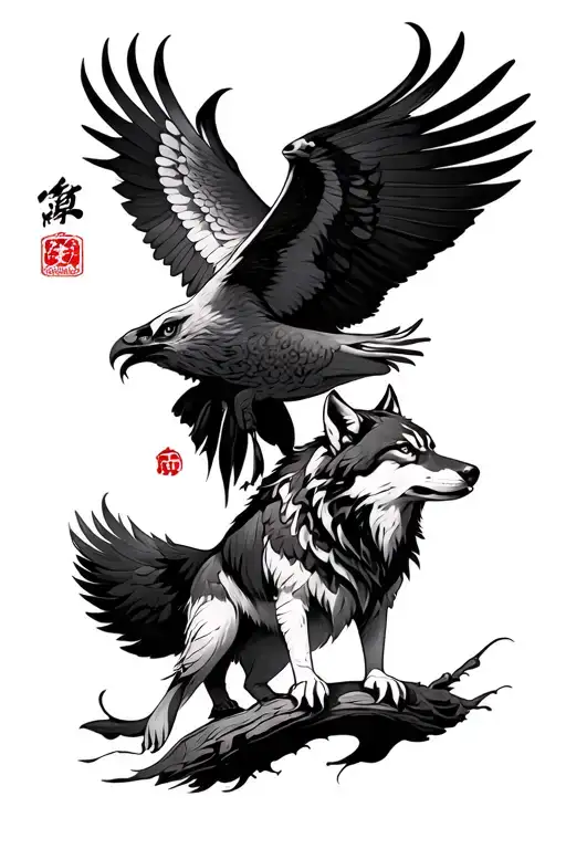 Chinese Wolf And Falcon Outline Drawn