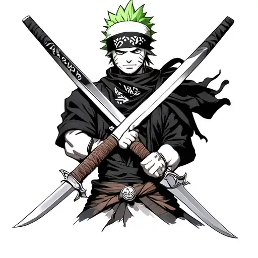 Zoro One Peace Holding His Three Swords With His Bandanna On