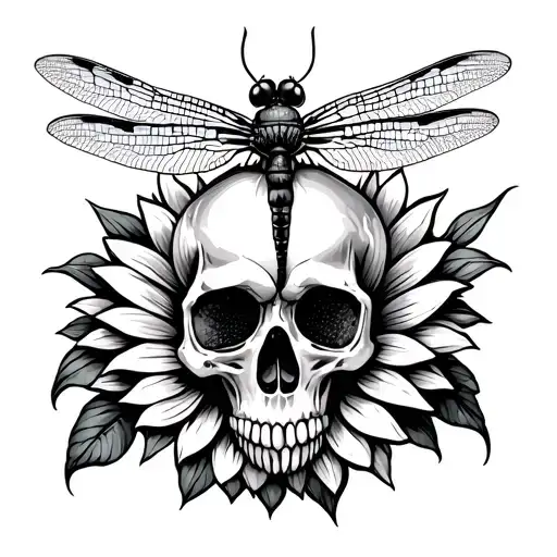 Dragonfly With Hidden Skull And Sunflower