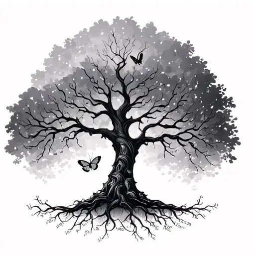 Family Tree With Names Between The Branches And A Butterfly On The Top