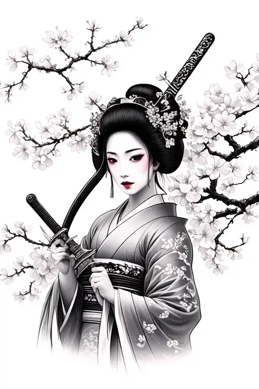 Geisha Holding A Katana Surrounded By Cherry Blossoms