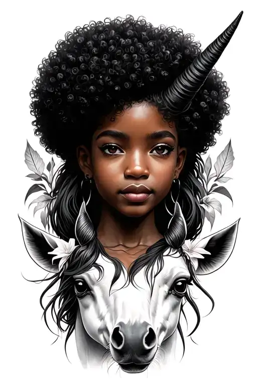 Black Girl With Afro On A Unicorn With Spider Lilys