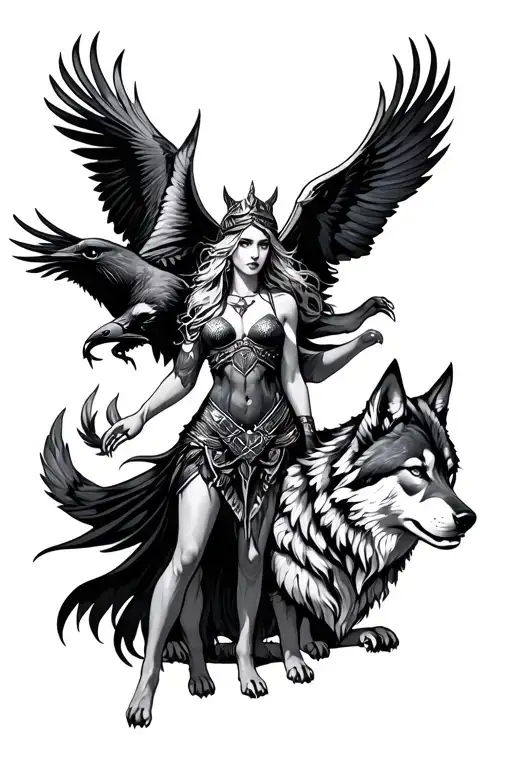 Valkyrie With Wolves And Ravens