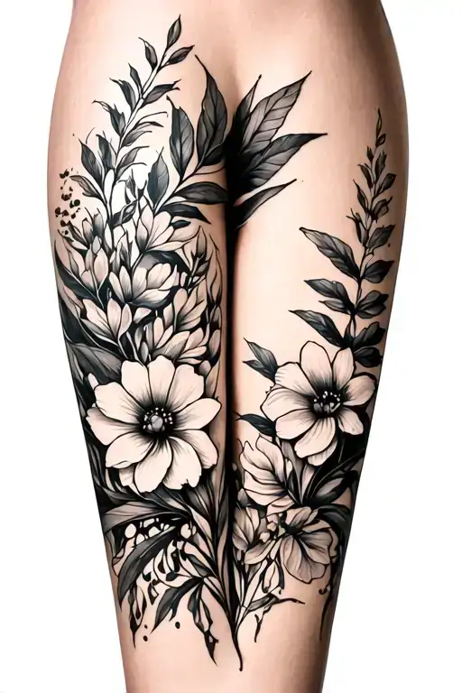 Floral And Nature Theme Leg Tat