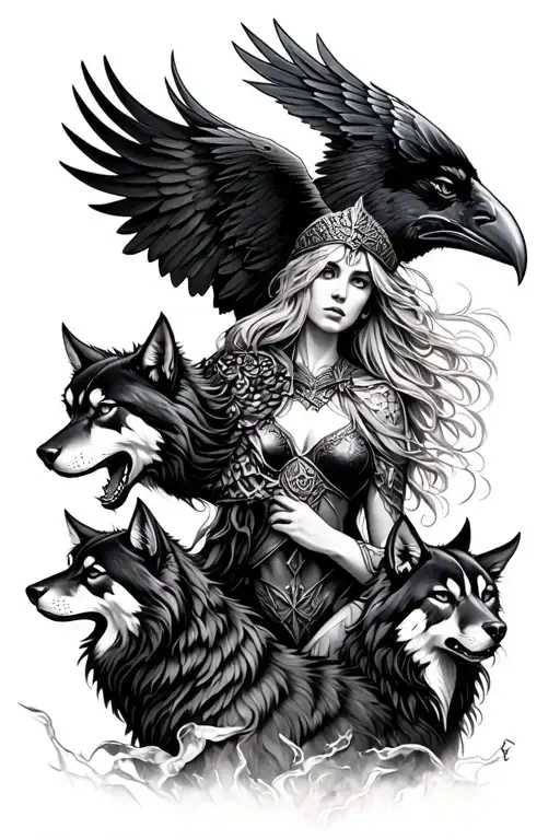 Valkyrie With Wolves And Ravens Facing One Direction