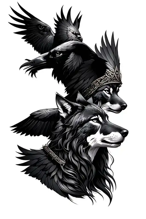 Valkyrie Portrait With Wolves And Ravens Facing One Direction