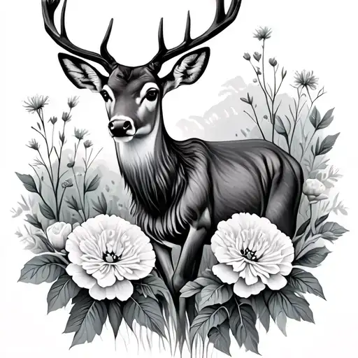 Deer In Scenic Area With Carnation Flowers