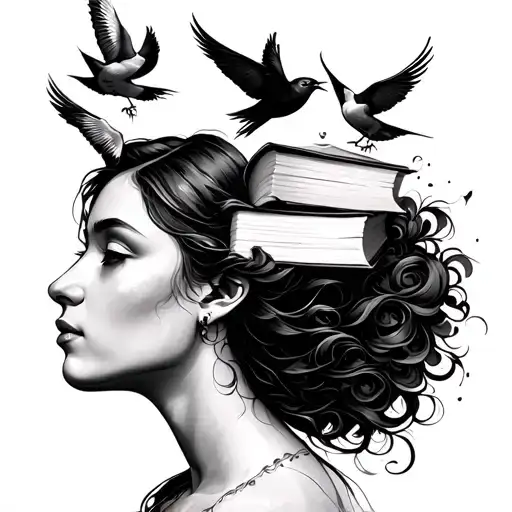 Books And Birds Elevating From Woman's Head Depicting Liberation In Spiritual Sense