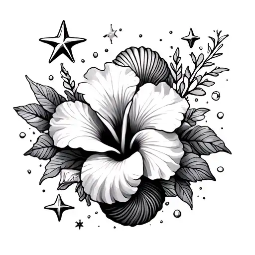 Hibiscus Flower And Seashells And Stars