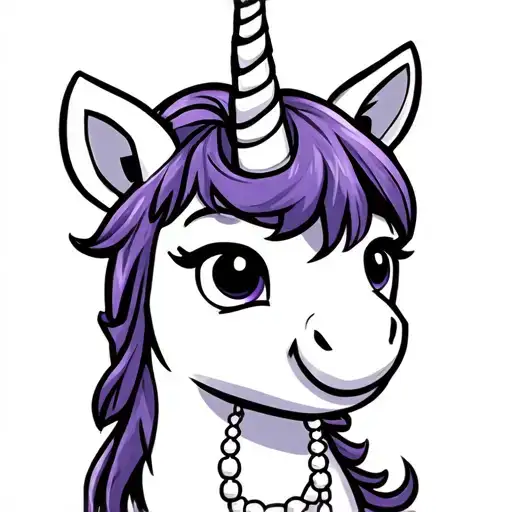 Cartoon Unicorn With Purple Hair Wearing A White Rosary