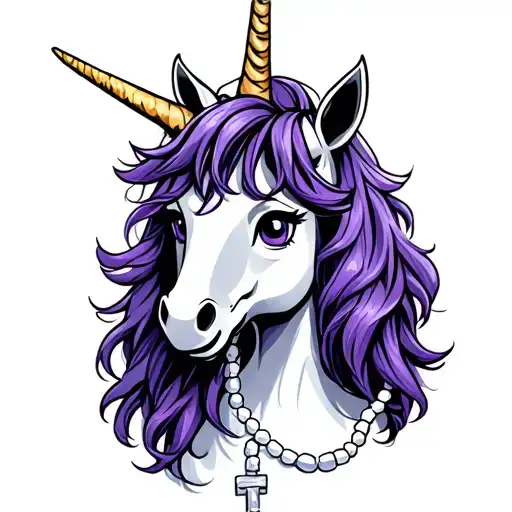 Cartoon White Unicorn With Purple Hair Wearing A White Rosary