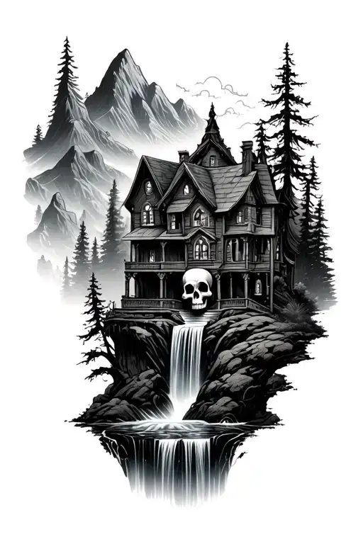 Haunted House With Skull Waterfall Forest Mountain