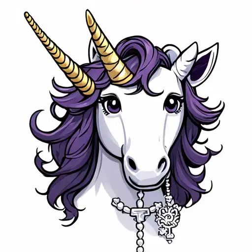 Cartoon Full Body White Unicorn With Purple Hair Wearing A White Rosary