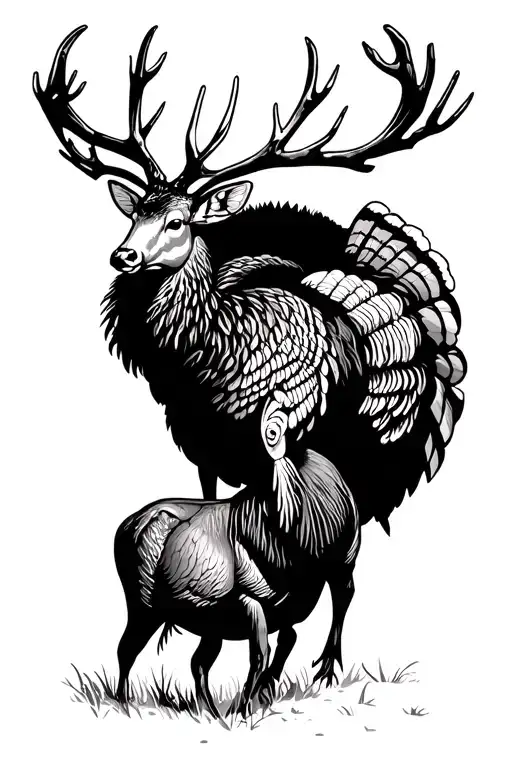 Hunting Scene Featuring Turkey And A Deer In A Wooded Area Being Hunted Realistic