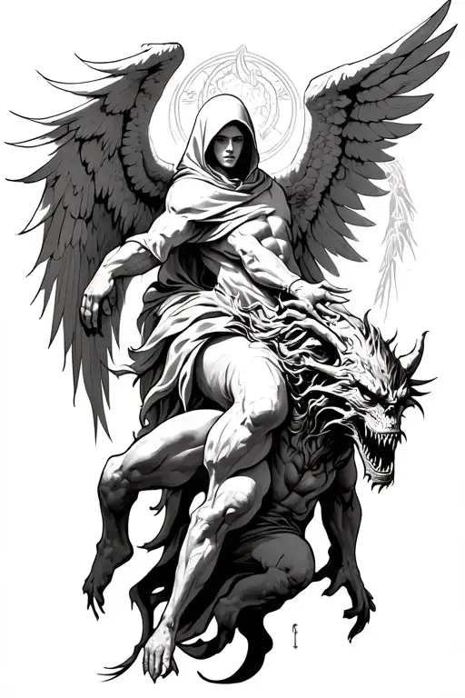 Hooded Arch Angel Defeating A Demon