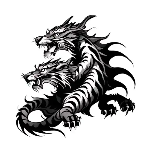 Dragon With Tiger Sketch Style