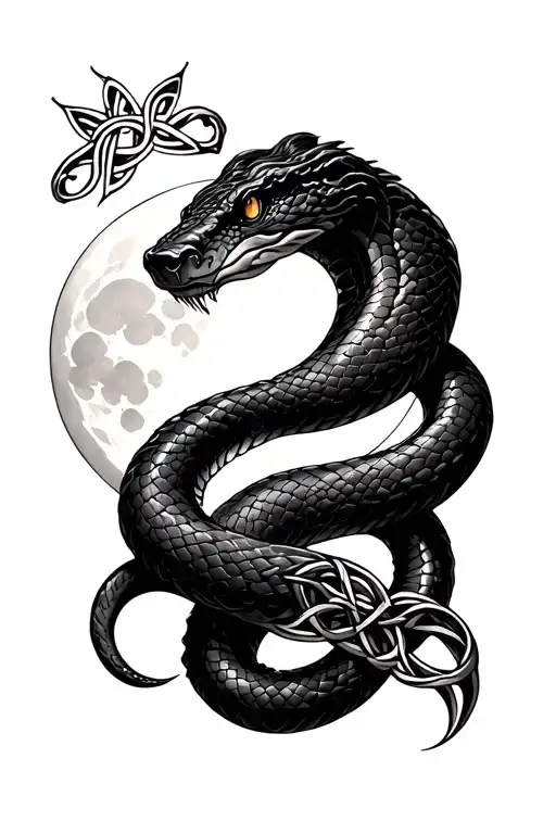 Snake With Celtic Knotwork Intertwined With Moon In Background
