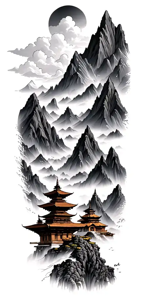 Mountains And Nepali Temple