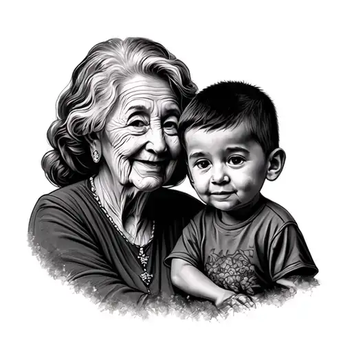 A Little Boy With His Female Mother And Elderly Grandmother Behind Him In Black And White