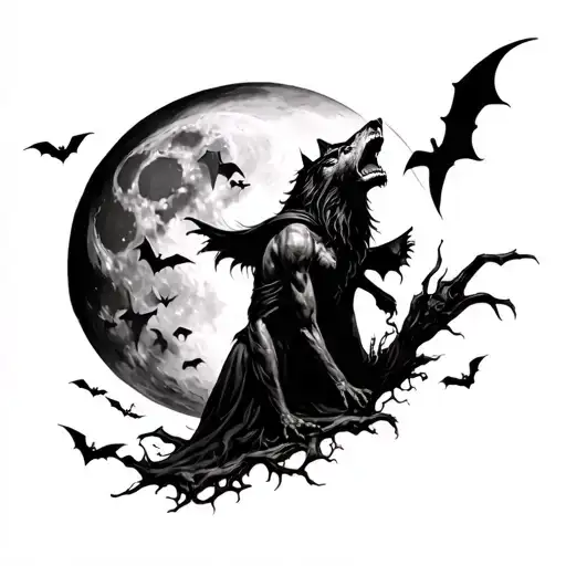 Wold Howling At The Moon At Midnight With Fog And Bats And Witches