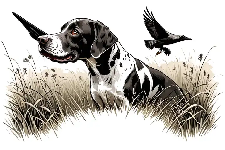 Side View German Shorthair Pointer In A Field Pointing Bird