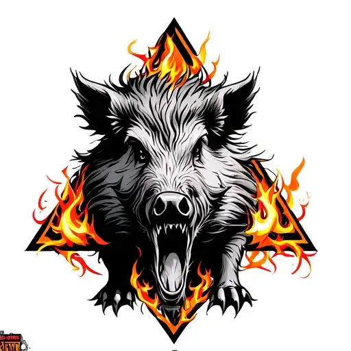 Tattoos With Thin Lines Graphic Display Of A Brutal Wild Boar With Symbols Of Fire Triangle