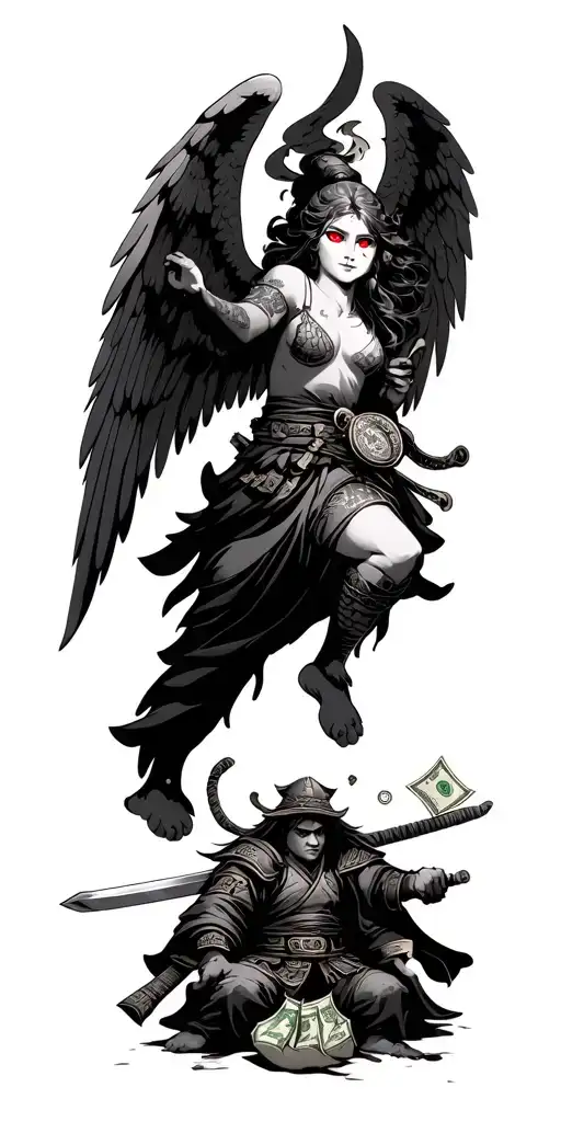An Angel With A Bag Of Money And A Samurai Underneath With A Sword And Red Eyes