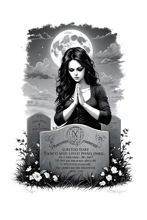A Beautil Gangster Type Woman Praying Over Her Loved Ones Gravestones Under A Beautiful Moonlight