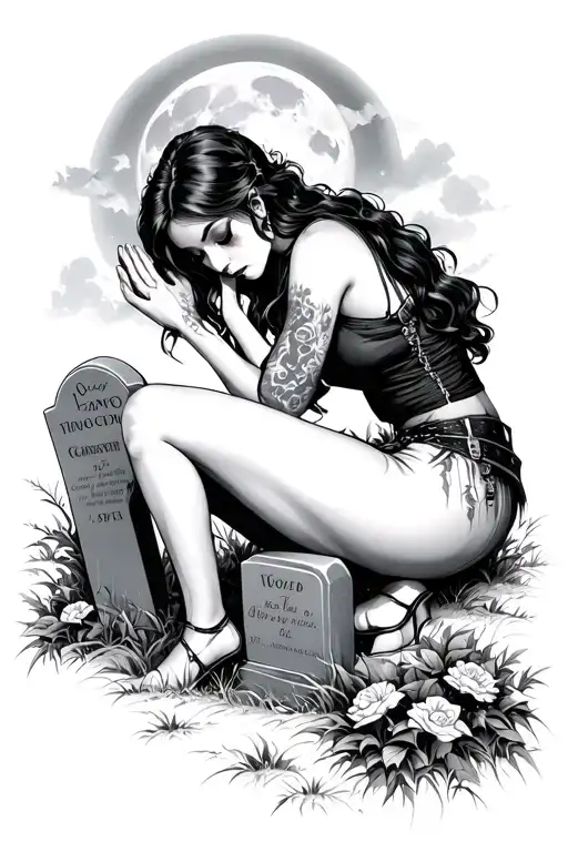 A Beautil Gangster Type Woman Praying Over Her Loved Ones Gravestones Under A Beautiful Moonlight