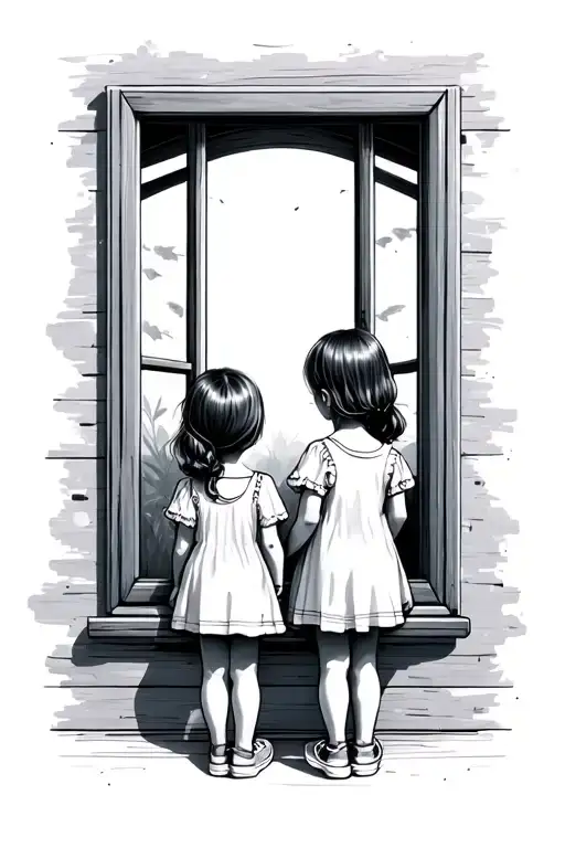 Two Little Female Children Standing In Front Of A Window Looking Int The Distance