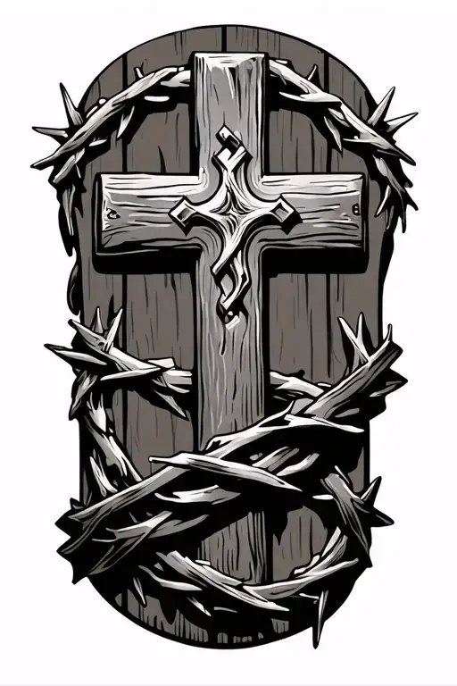 Wooden Cross With Crown Of Thorns Wrapped Around The Arm