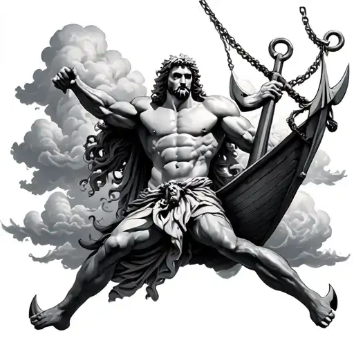 Zeus Fighting Hades With A Boat Anchor Hanging With Clouds