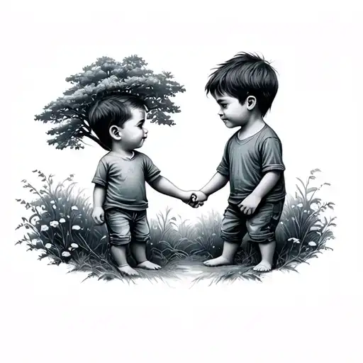 2 Little Brothers Holding Parents Hands Infront Of Tree
