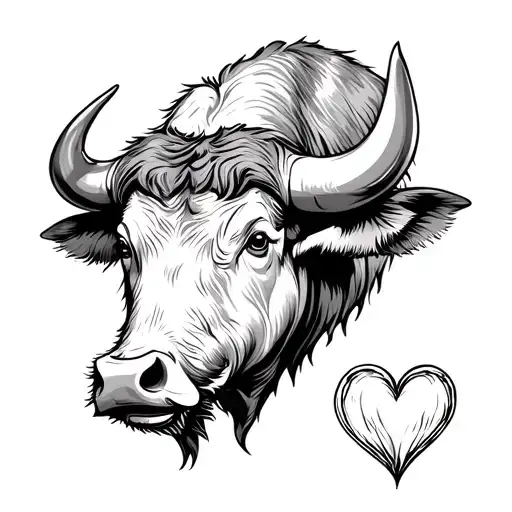 Line Art Water Buffalo Head With Heart