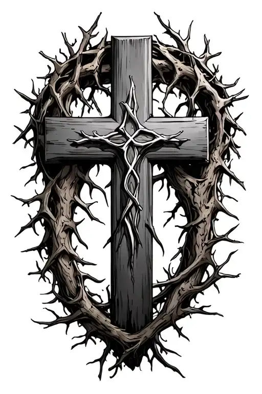 Cross With Roots And Crown Of Thorns Intertwined