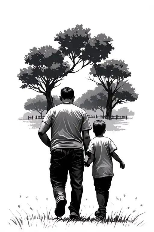 Man Walking With Two Kids Through A Fenced Field With Trees
