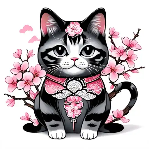 Japanese Lucky Cat With Cherry Blossoms