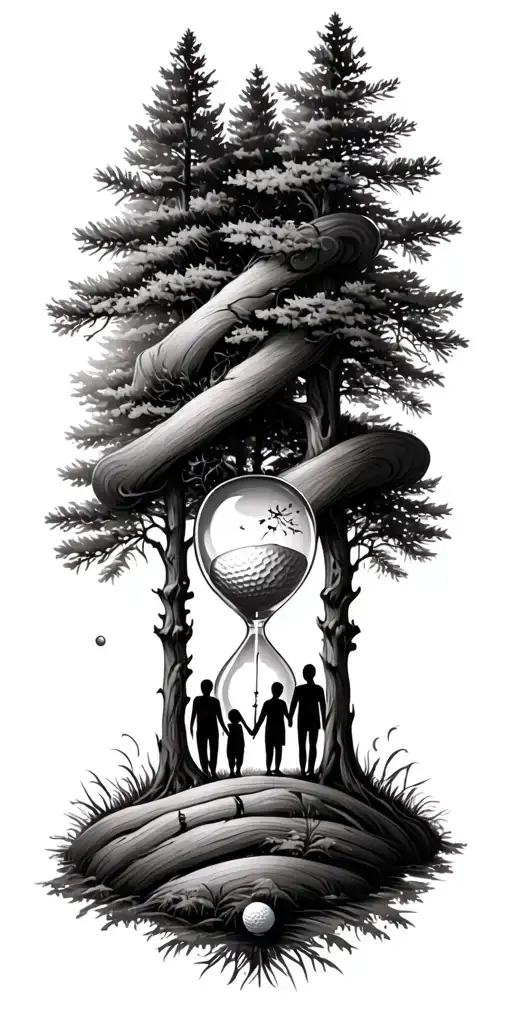 Pine Forest Wrap Around And Family Tree And Hour Glass Father With 3 Kids And Golf