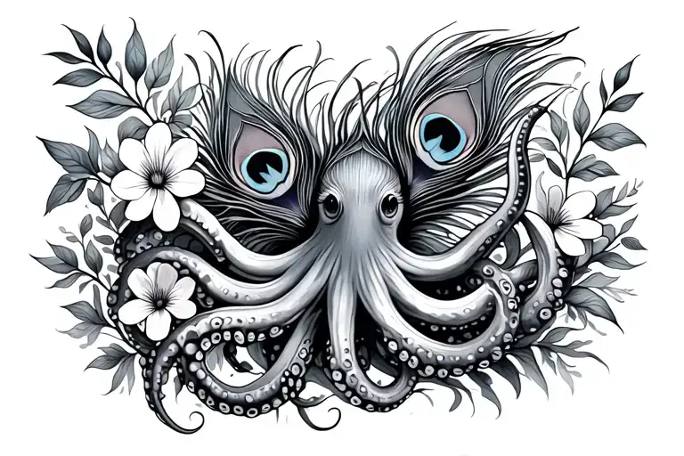 Peacock Feather And Octopus Tentacles With Wild Flowers