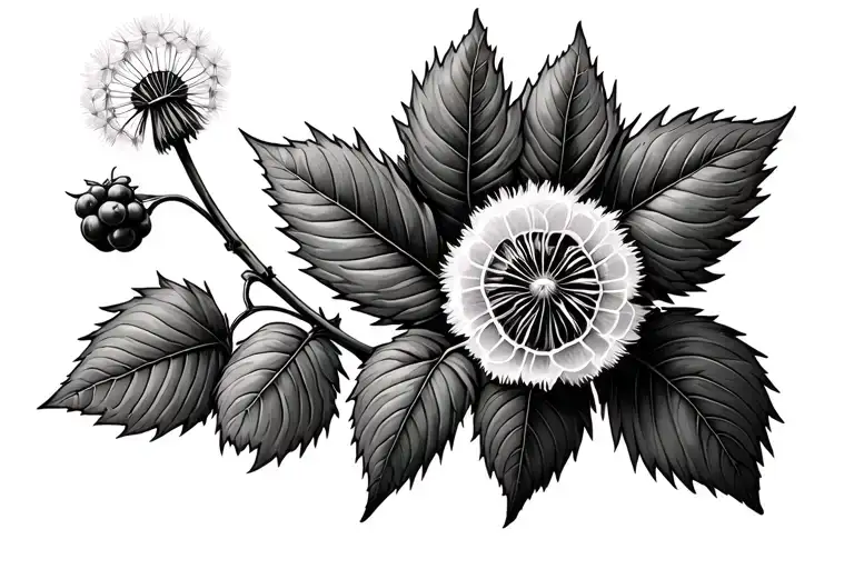 Wild Raspberry Plant And Dandelion On Rounded Vine