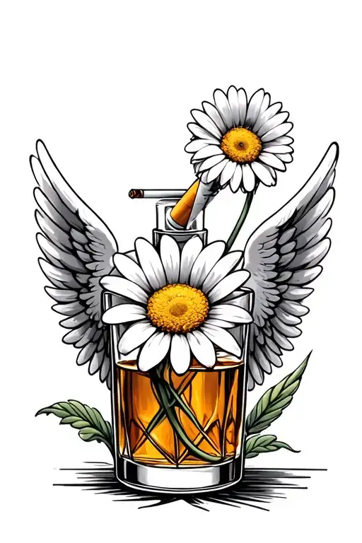Whiskey Glass Cigarette Daisy Flower Angel Wings